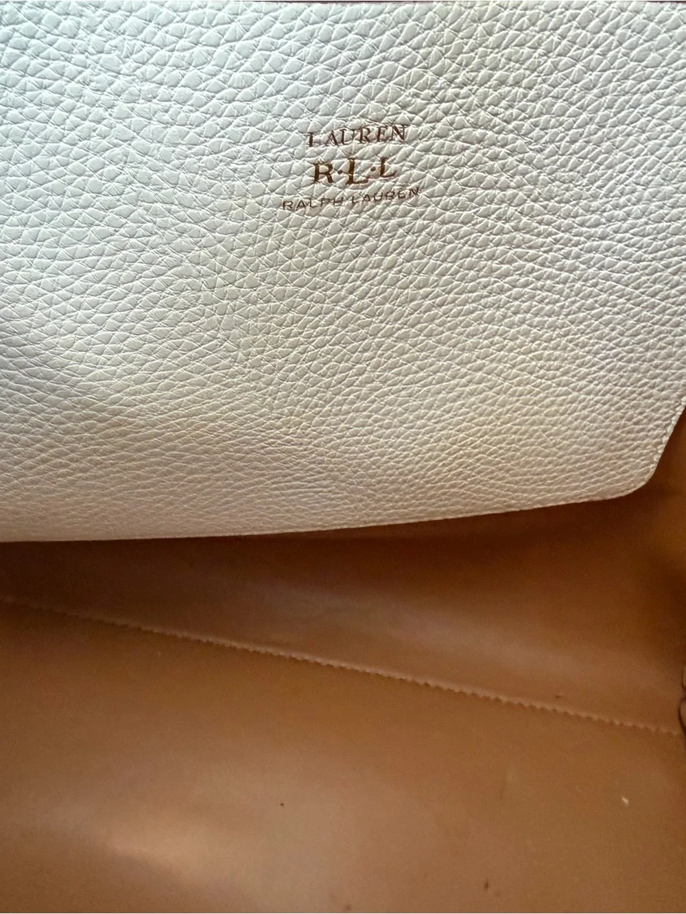 Lauren Ralph Lauren Paley White Leather Tote with Cork Band and Gold Hardware.